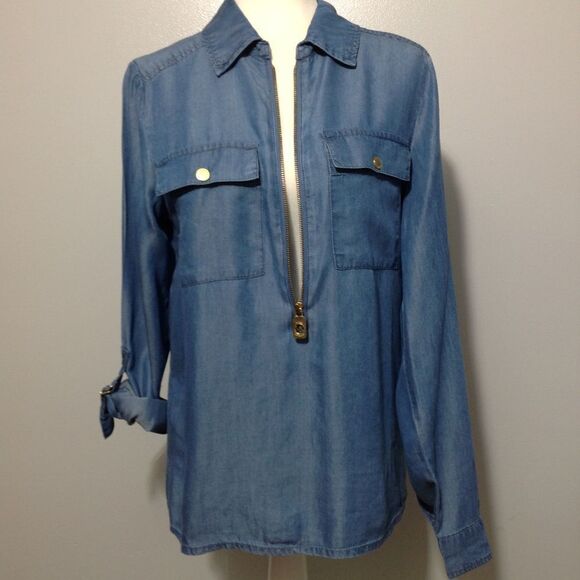 Michael Kors blue and gold denim 3/4 zip up shirt size M - Picture 2 of 7
